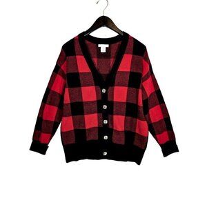 Tommy Bahama Cardigan Sweater Womens M Red Buffalo Plaid Rhinestone Gem Preppy